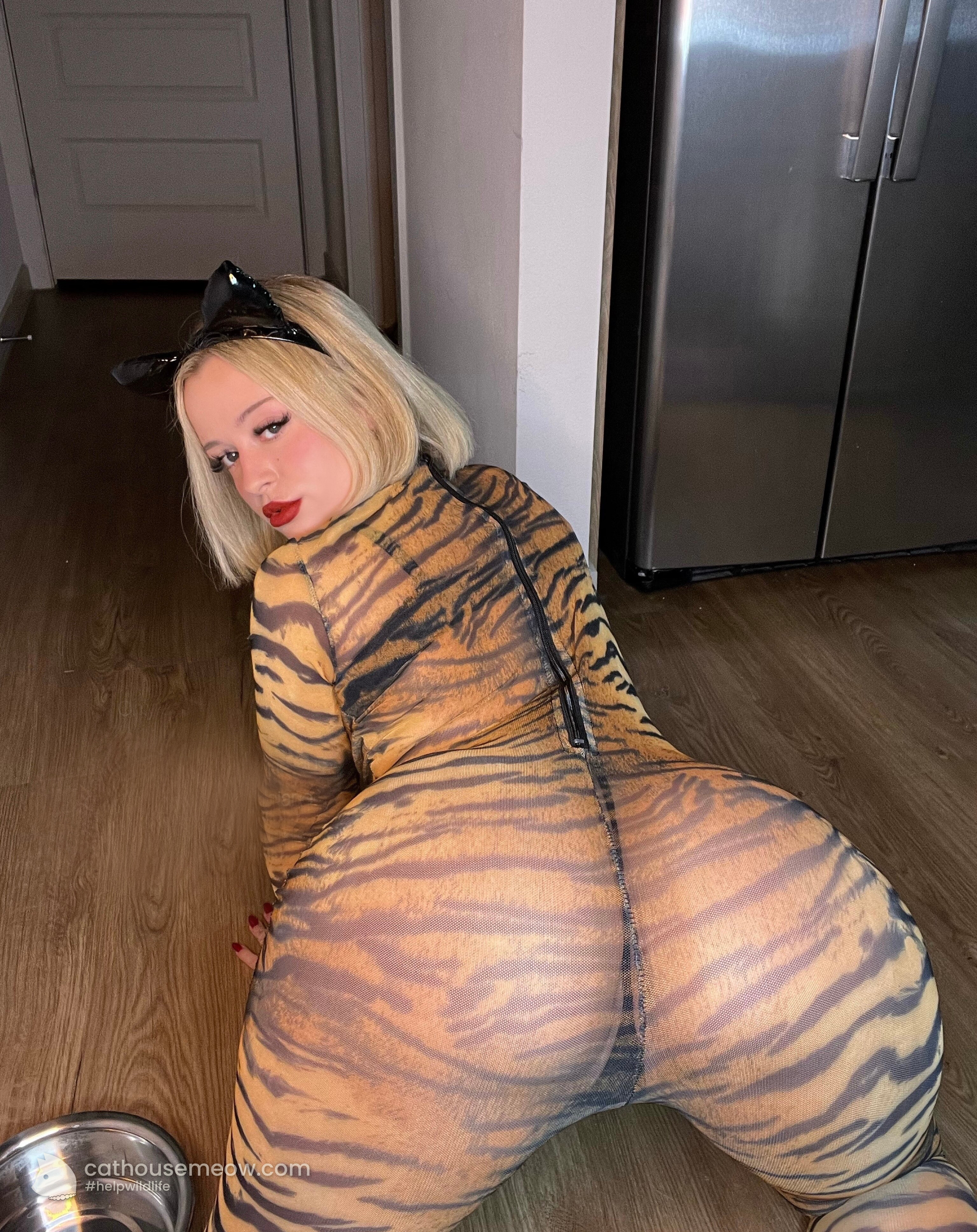 Alexis Purr in tiger print posing in a kitchen