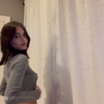 Kensley Purr — Grey Knit and Blue Thong by the Curtain